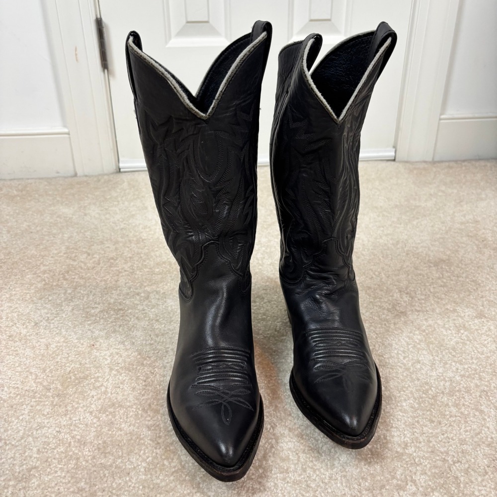 Justin Womens Black Leather Pointed Toe Western Cowboy Boots Stacked Heel Sz 7.5